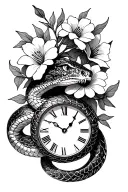 rattlesnake, clock, thornes, flowers tattoo design idea