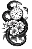 rattlesnake, clock, thornes, flowers tattoo design idea