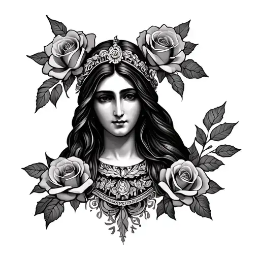 guadalupe with roses leading up to her feet tattoo design idea