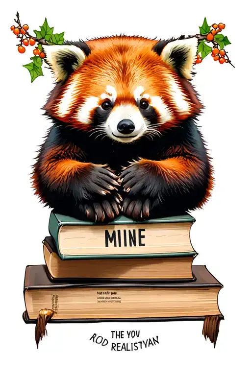 Books Surrounded By Red Panda bear saying Mine tattoo design idea