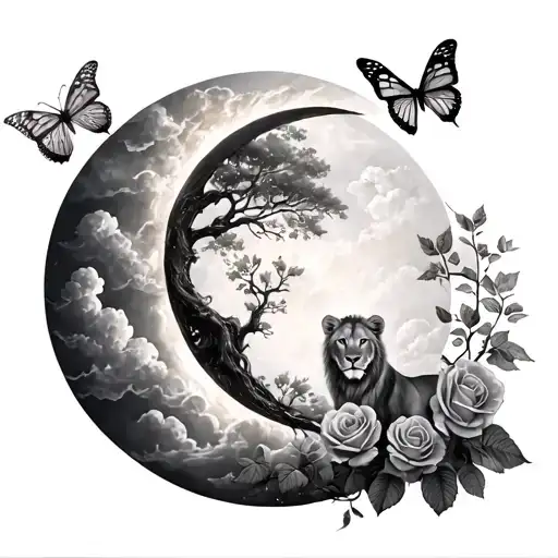 new moon, roses, growing tree, clouds, lion, lion cub, butterflies tattoo design idea