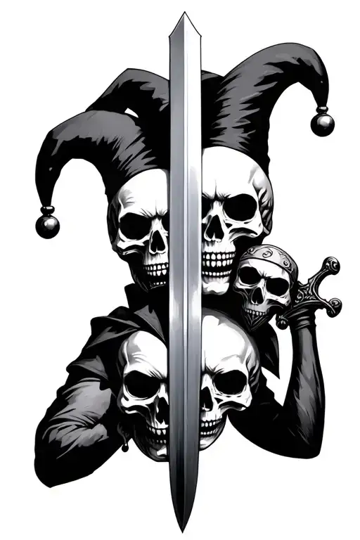 Skull jester and skull jack mirrored upside down, jester holding mask, jack holding sword tattoo design idea