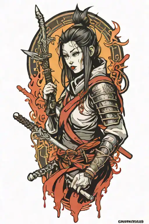 Half-body samurai girl in dark souls style blood dripping tattoo design idea