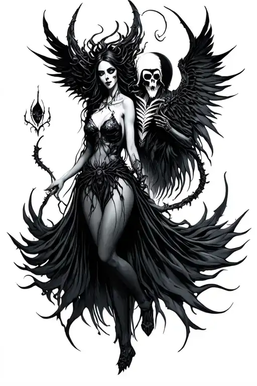 Arachne, vampire goddess, and Azrael, Grim Reaper, intertwined in a delicate, whimsical dance. Arachne's ethereal beauty tattoo design idea