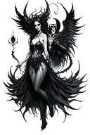 Arachne, vampire goddess, and Azrael, Grim Reaper, intertwined in a delicate, whimsical dance. Arachne's ethereal beauty tattoo design idea