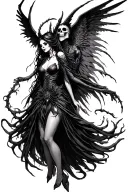 Arachne, vampire goddess, and Azrael, Grim Reaper, intertwined in a delicate, whimsical dance. Arachne's ethereal beauty tattoo design idea