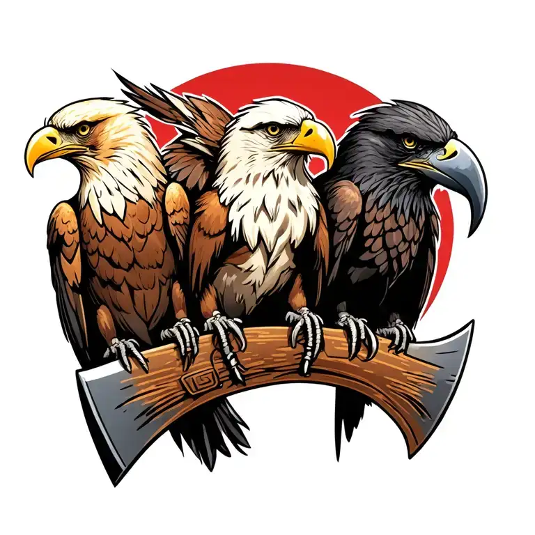 three birds sitting on horizontal viking axe. Birds are golden eagle, bald eagle, raven tattoo design idea