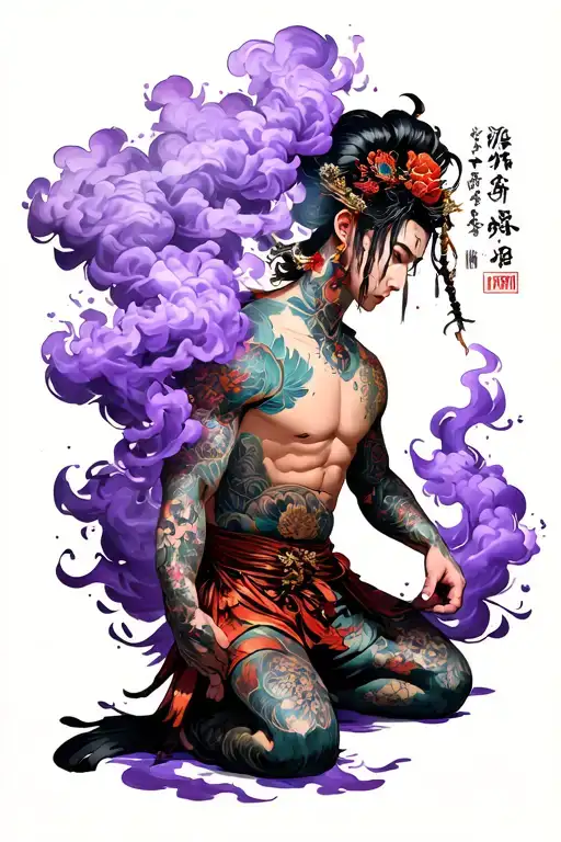 Igris from solo leveling kneeling surrounded by purple smoke  tattoo design idea