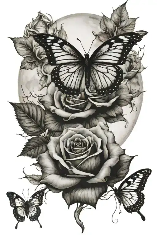 Rose Butterfly and moon surrounded tattoo design idea