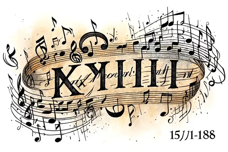 15/11/1986 in roman numerals surrounded my music notes tattoo design idea