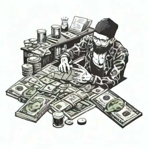 An entrepreneur counting money with anime characters in the background tattoo design idea