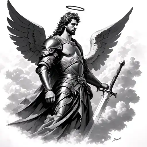 side view of Archangel Michael this is very masculine in the clouds with a Halo Spanish Knights armor and a sword tattoo design idea