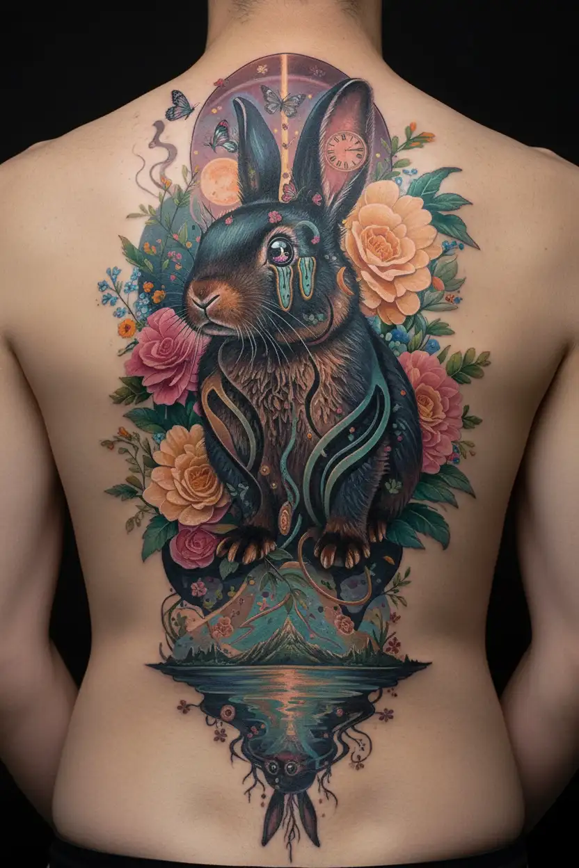black otter netherland dwarf rabbit surrounded by flowers tattoo design idea