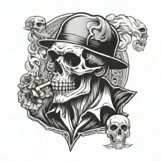 Gangster skull smoking cigarette tattoo design idea