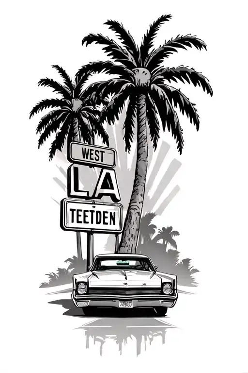 palm trees with LA and lowrider car with west coast street signs tattoo design idea