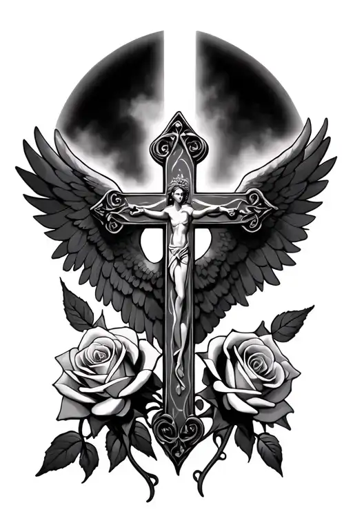 a cross with a angel behind it with two roses intertwined tattoo design idea