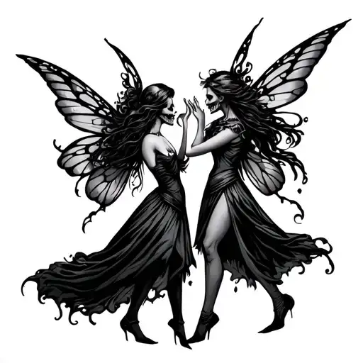 A fairy woman and a witch dancing like skulls facing each other tattoo design idea