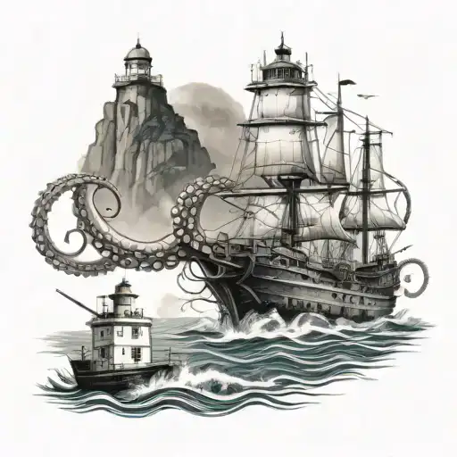 octopus destroys submarine against background of island with lighthouse and palm trees tattoo design idea