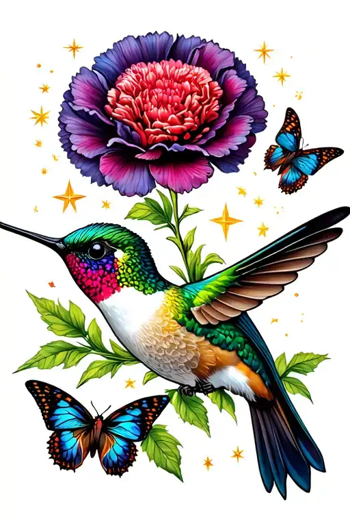 carnation flower hummingbird butterflies stars tattoo design idea