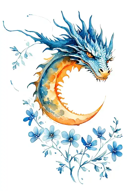 dragon moon forgetmenot fine line tattoo design idea