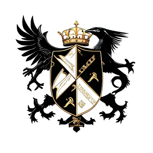 coat of arms shield split into four parts, and each part should have either a crow, crown, dagger, or roman numberal tattoo design idea
