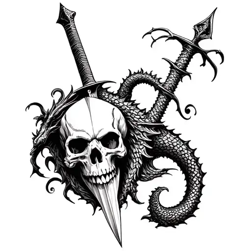 skull and sword and dragon gothic tattoo design idea