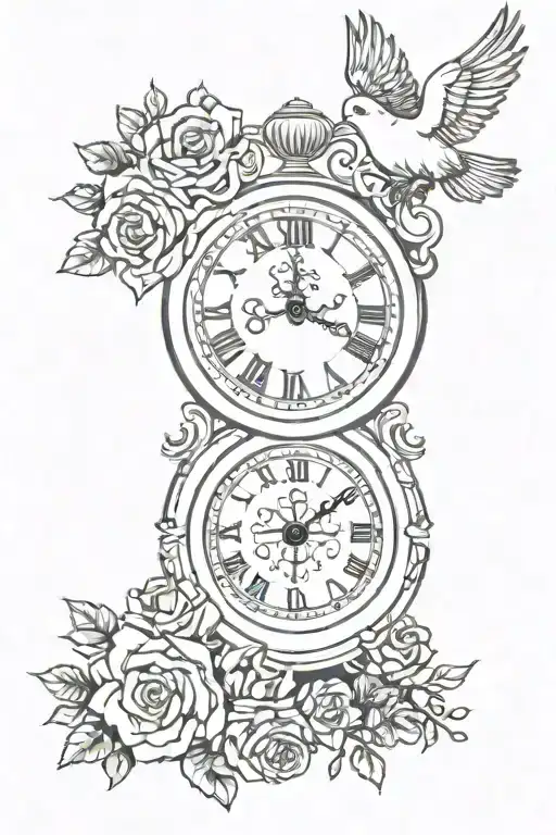 older clock showing 7:50AM with doves and roses surrounding it with prayer hands with rosemary beads tattoo design idea