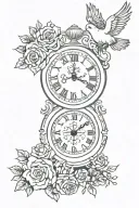 older clock showing 7:50AM with doves and roses surrounding it with prayer hands with rosemary beads tattoo design idea