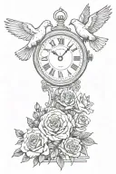 older clock showing 7:50AM with doves and roses surrounding it with prayer hands with rosemary beads tattoo design idea