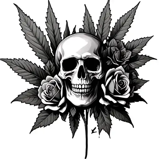 weed leaf and skull roses tattoo design idea