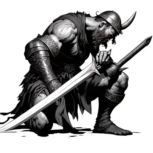 medievel warrior taking a knee praying to the handle of his long sword dress half as a viking, and half as a irish warri tattoo design idea