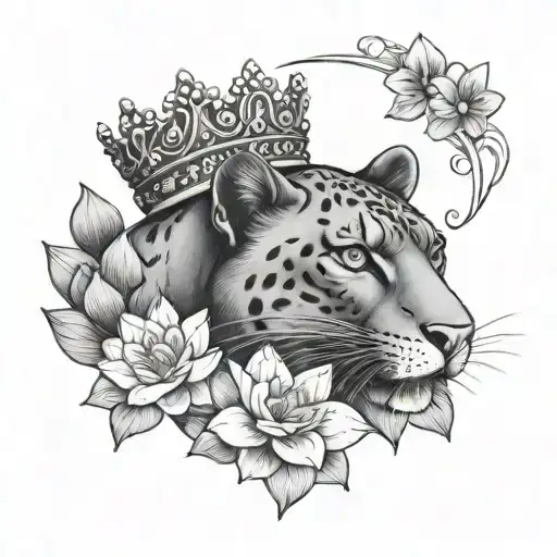 panther holding lotus flower with a crown on his head tattoo design idea