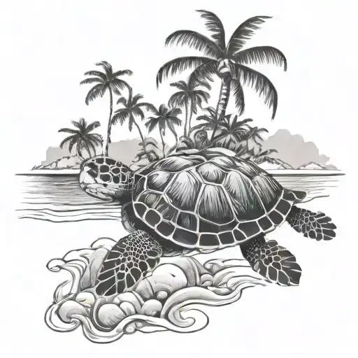 sea ​​turtle and beach with palm trees and sea tattoo design idea