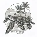 sea ​​turtle and beach with palm trees and sea tattoo design idea