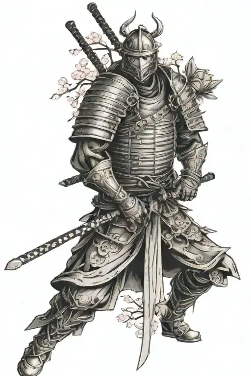 armored ronin and scattered cherry blossom branches tattoo design idea