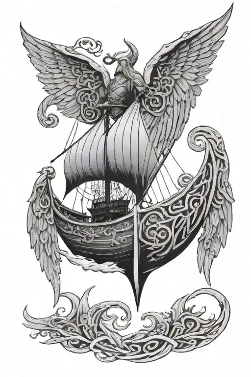viking ship with celtic angel wings tattoo design idea
