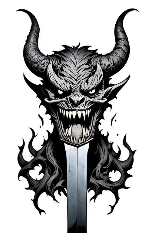 dark, twisted oni demon head with dagger going through it. jagged teeth, long jaw, forked tongue tattoo design idea