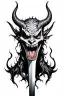 dark, twisted oni demon head with dagger going through it. jagged teeth, long jaw, forked tongue tattoo design idea