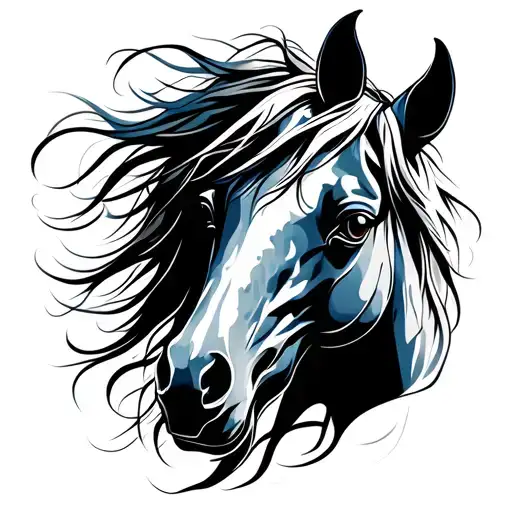 Abstract black ink tattoo of a horse head in dynamic flowing lines, inspired by an Appaloosa albino with one sky blue ey tattoo design idea