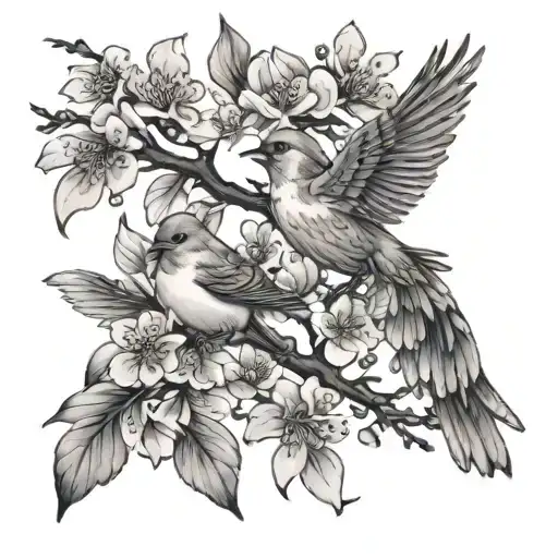 Branch and cherry blossom petals and birds flying away tattoo design idea