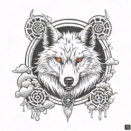 wolf with sharingan and Akatsuki clouds tattoo design idea