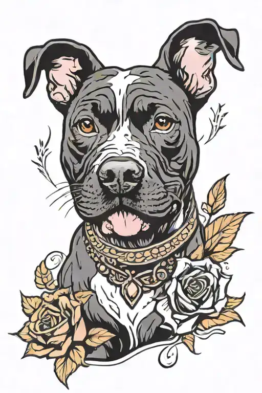 Black pit bull with ears and a white chest sits smiling collors rose tattoo design idea