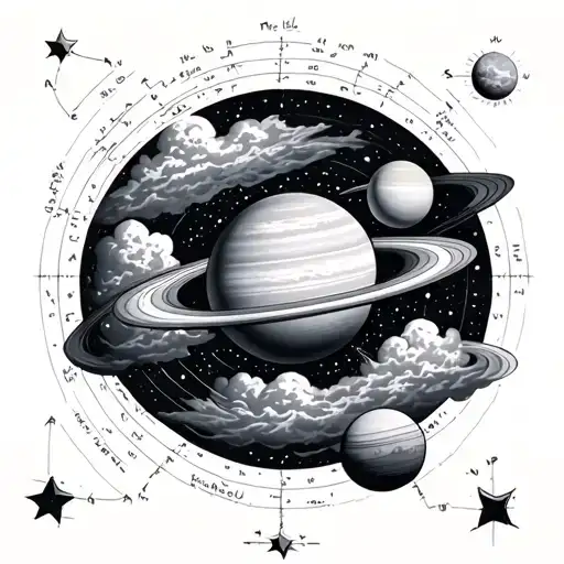 A scientific diagram of the solar system with clouds and stars intertwined tattoo design idea