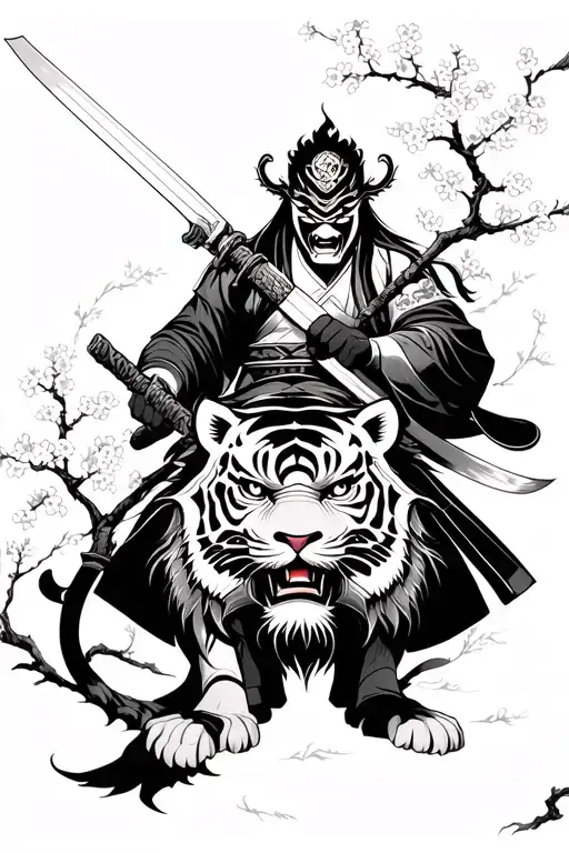 Oni mask person holding sword with his pet tiger on side. With cherry blossom flowing around. With japnese chacter going tattoo design idea