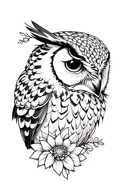 tattoo of a realistic owl head in profile, with floral details around it, black and white, fine line style and whipshadi tattoo design idea