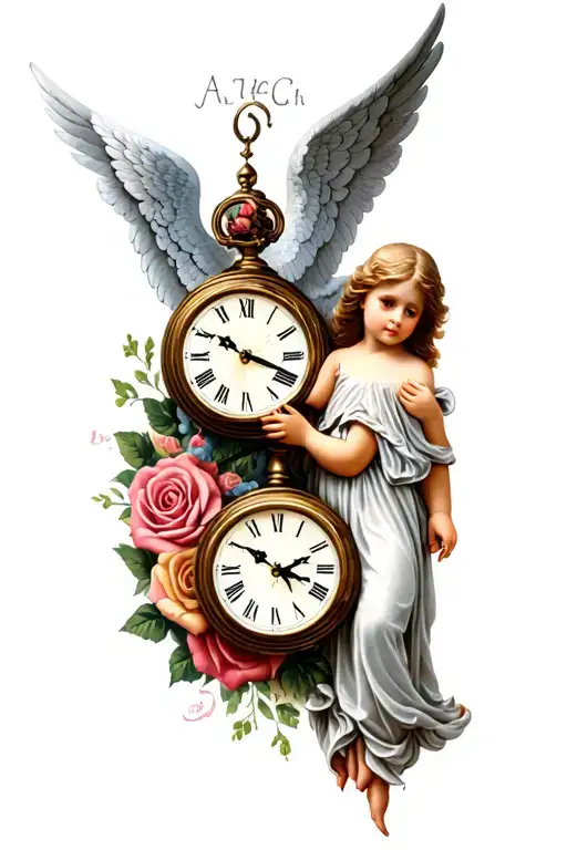 Two clocks with angel with wings roses tattoo design idea