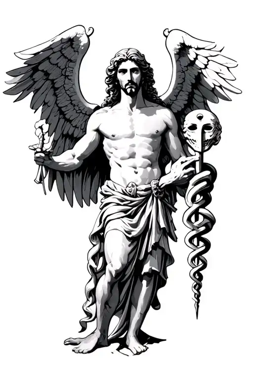 st Raphael holding a caduceus His Multiple Mask To Show tattoo design idea