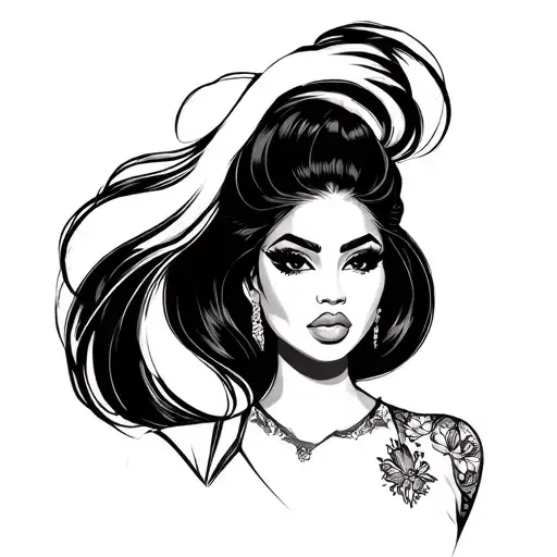 Your tattoo is a half-sleeve from shoulder to elbow featuring a semi-realistic Black woman with slightly Bratz-style fac tattoo design idea