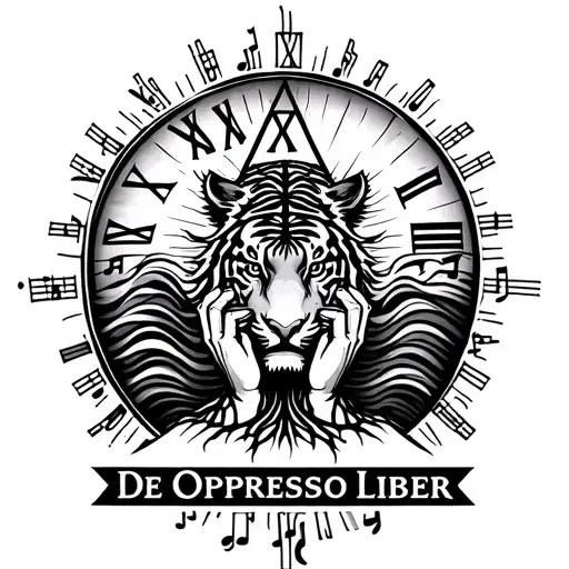 "De Oppresso Liber, שבט יהודה" "De Oppresso Liber, שבט יהודה" Sun with rays, 6 7 9 triangle, tree with roots, music notes, roman numerals, praying hands, fierce tiger face, waves,  tattoo design idea