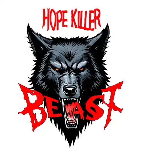 one centered black werewolf head with "HOPE KILLER" written above in red and the word "BEAST" written below tattoo design idea